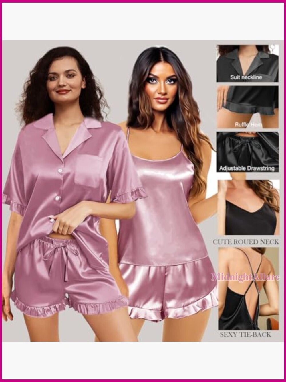 Silk Satin Pajama Set with Cami Top, Ruffle Trim, XS-4XL - Picture 3 of 6